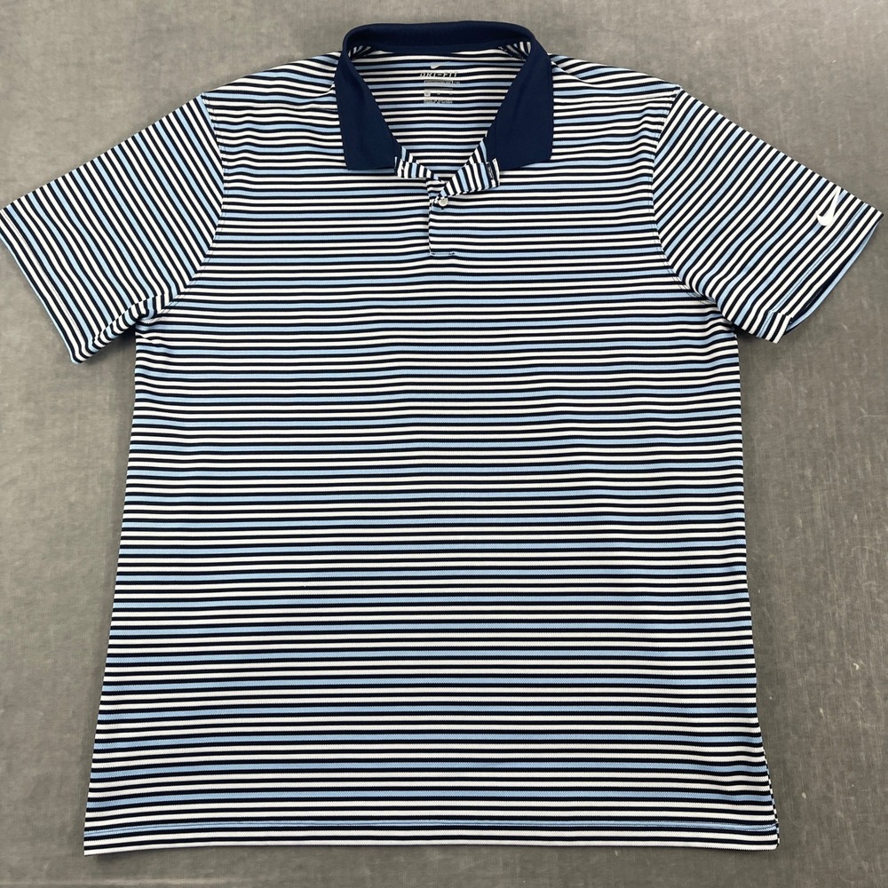 Nike Mens XL Blue Striped Dri-FIT Polo Shirt Standard Fit Short Sleeve